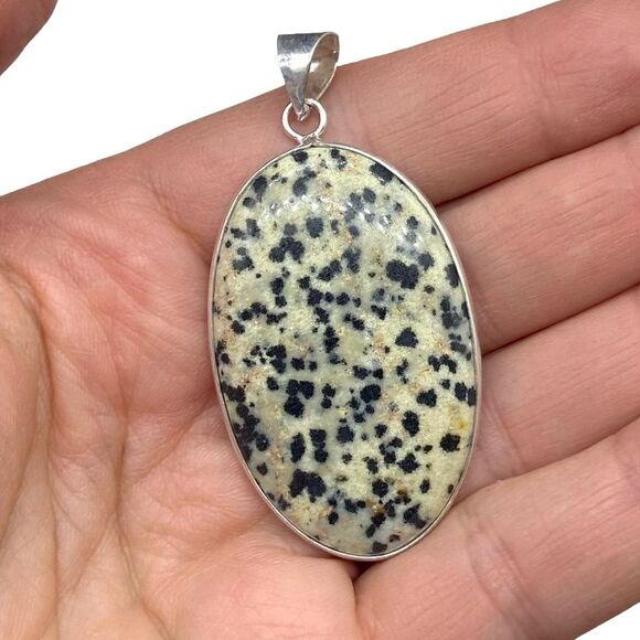 Hand Crafted Jewelry - Dalmatian Jasper Necklace Pendant 925 Sterling Silver Overlay Oval Stone